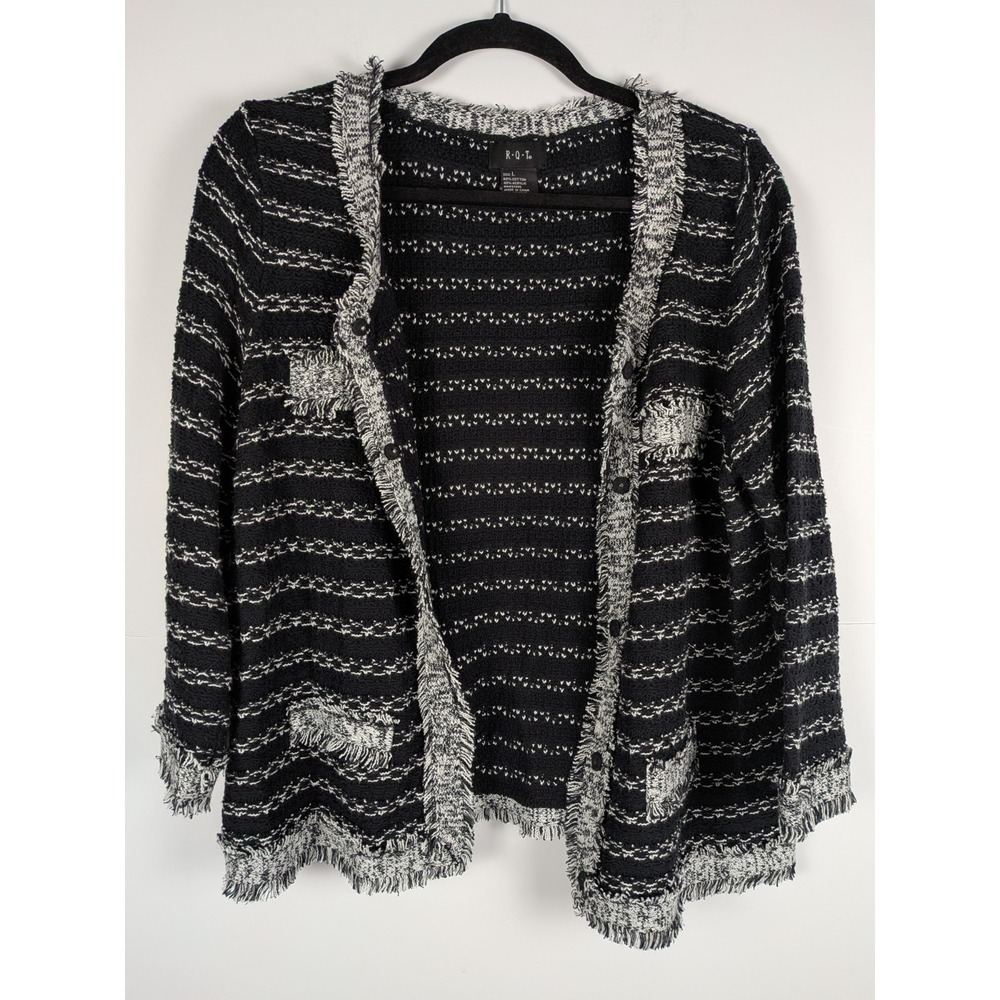 RQT Blazer Womens Large Black Stripe Tweed Frings Trim Old Money Quiet Luxury